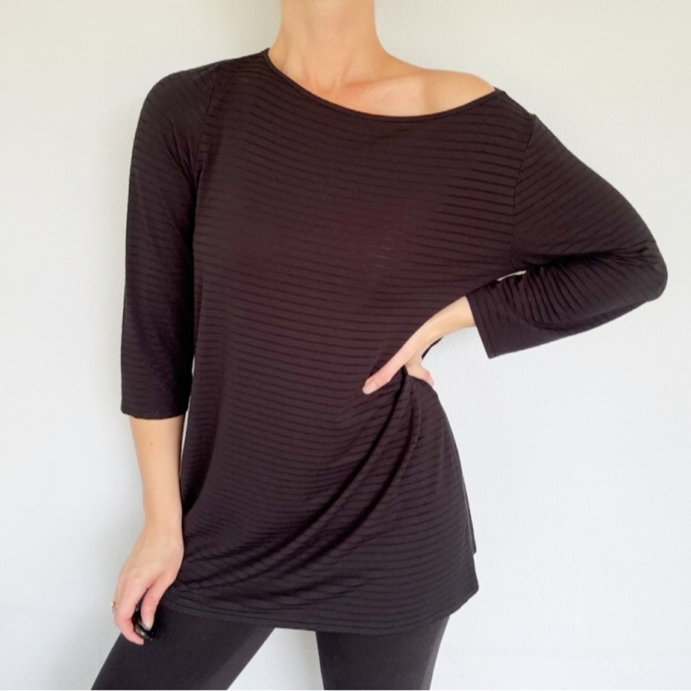 J. Jill Wearever Collection black semi-sheer mesh stripe boatneck top medium